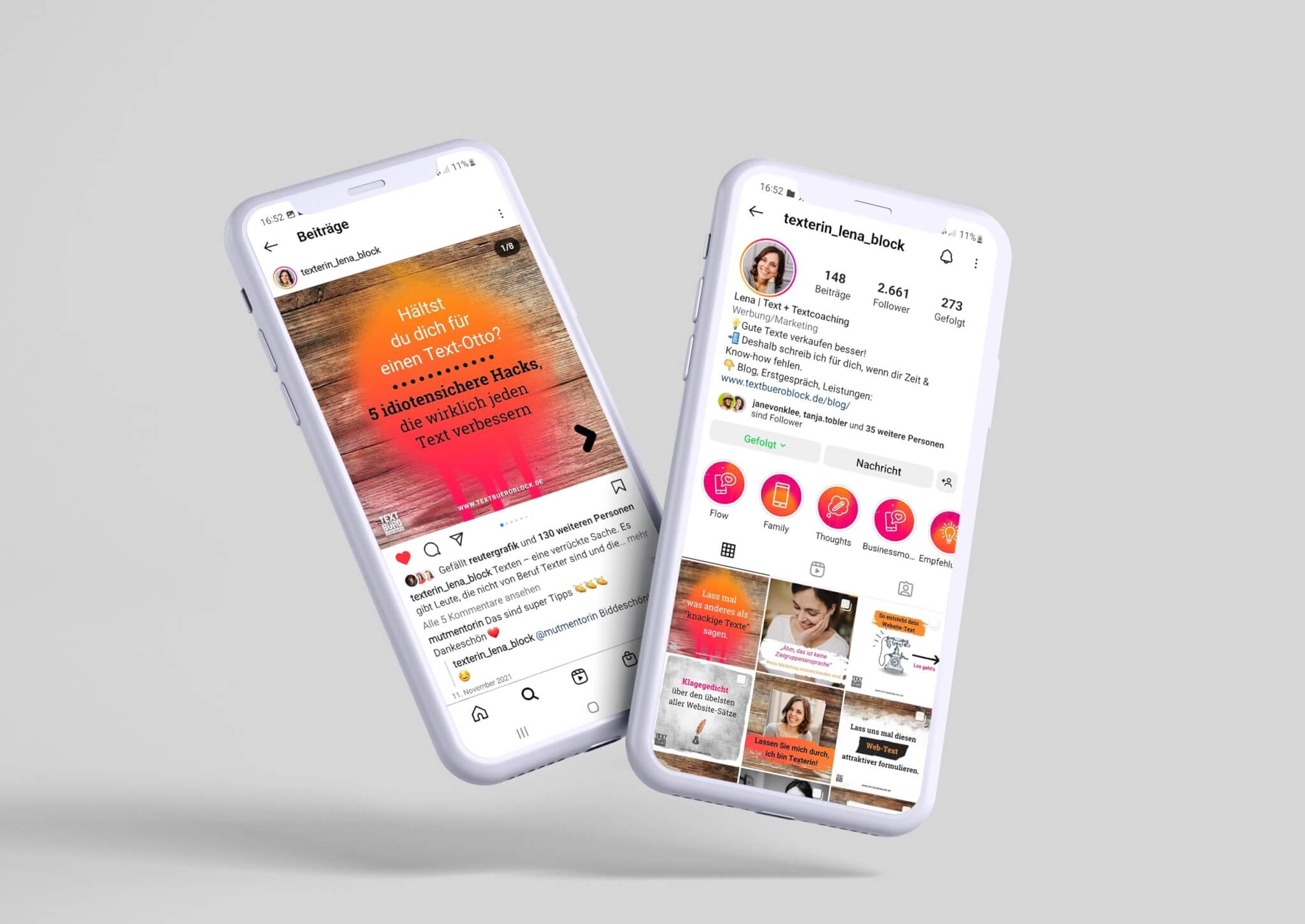 Ein iPhone mit dem neuen Instagram Feed Design für Textbüro Lena Block